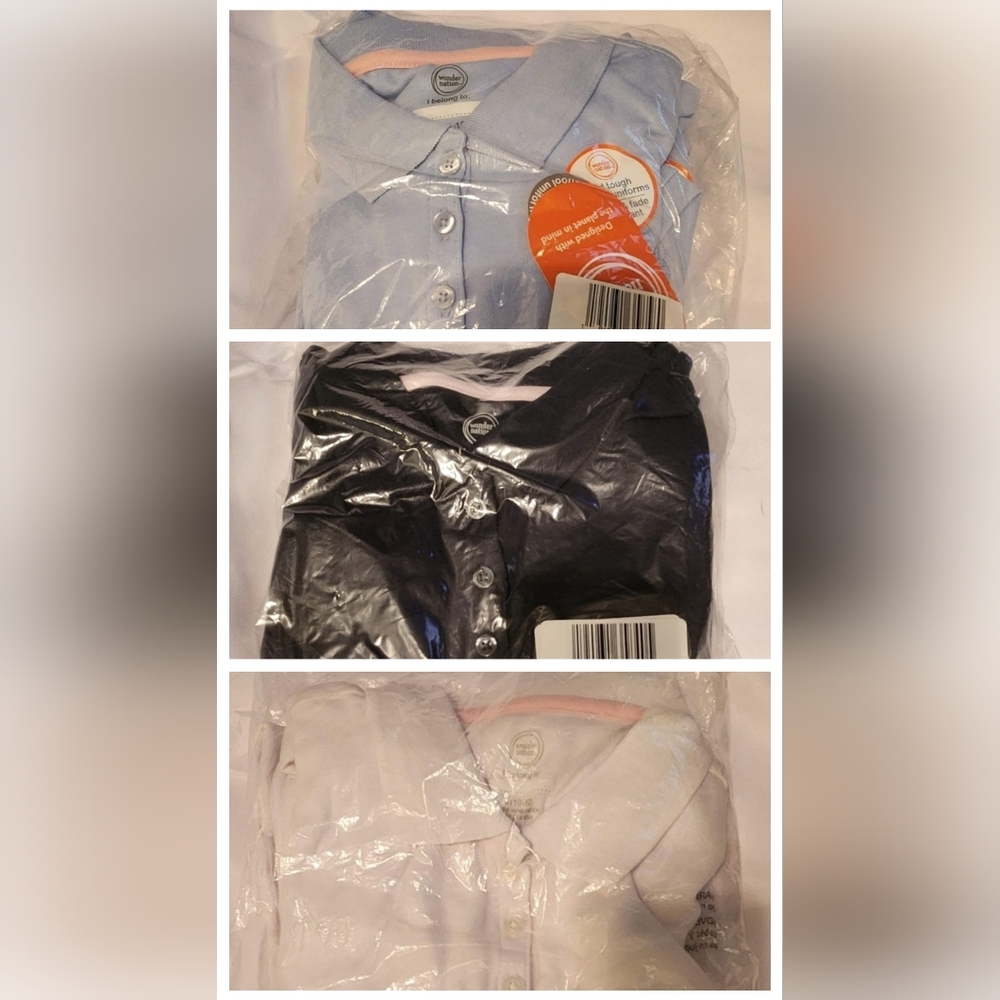 3-NWT Size 10/12 Large Wonder nation light blue,white, &navy uniform polo shirts